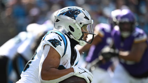 Oct 1, 2023; Charlotte, North Carolina, USA; Carolina Panthers running back Chuba Hubbard (30) with the ball in the third quarter at Bank of America Stadium. Mandatory Credit: Bob Donnan-USA TODAY Sports